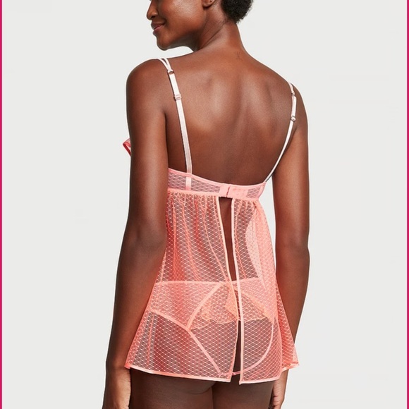 New! Victoria’s Secret Peekaboo Mesh Open-Cup Babydoll neon orange 20251 - Picture 3 of 11